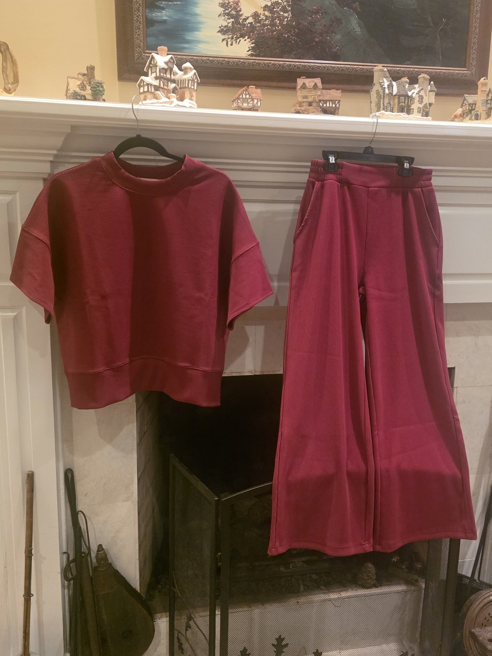 Zenana Outfitters Wide-Leg Ribbed Lounge Pants & Top Set in Burgundy